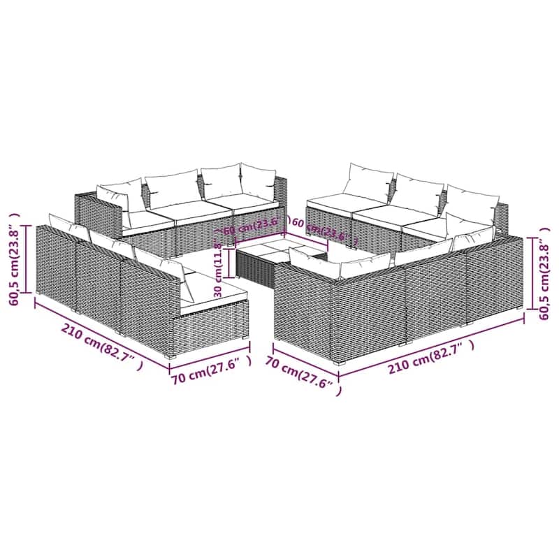 vidaXL Patio Lounge Set Outdoor Sectional Sofa Set Table Garden Poly Rattan - 27.6" x 27.6" x 23.8"