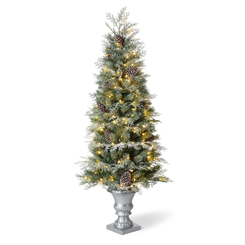 Glitzhome 5FT Pre-Lit Pine Artificial Christmas Potted Tree with 180 Warm White Lights and Pinecones for Xmas Porch Decor