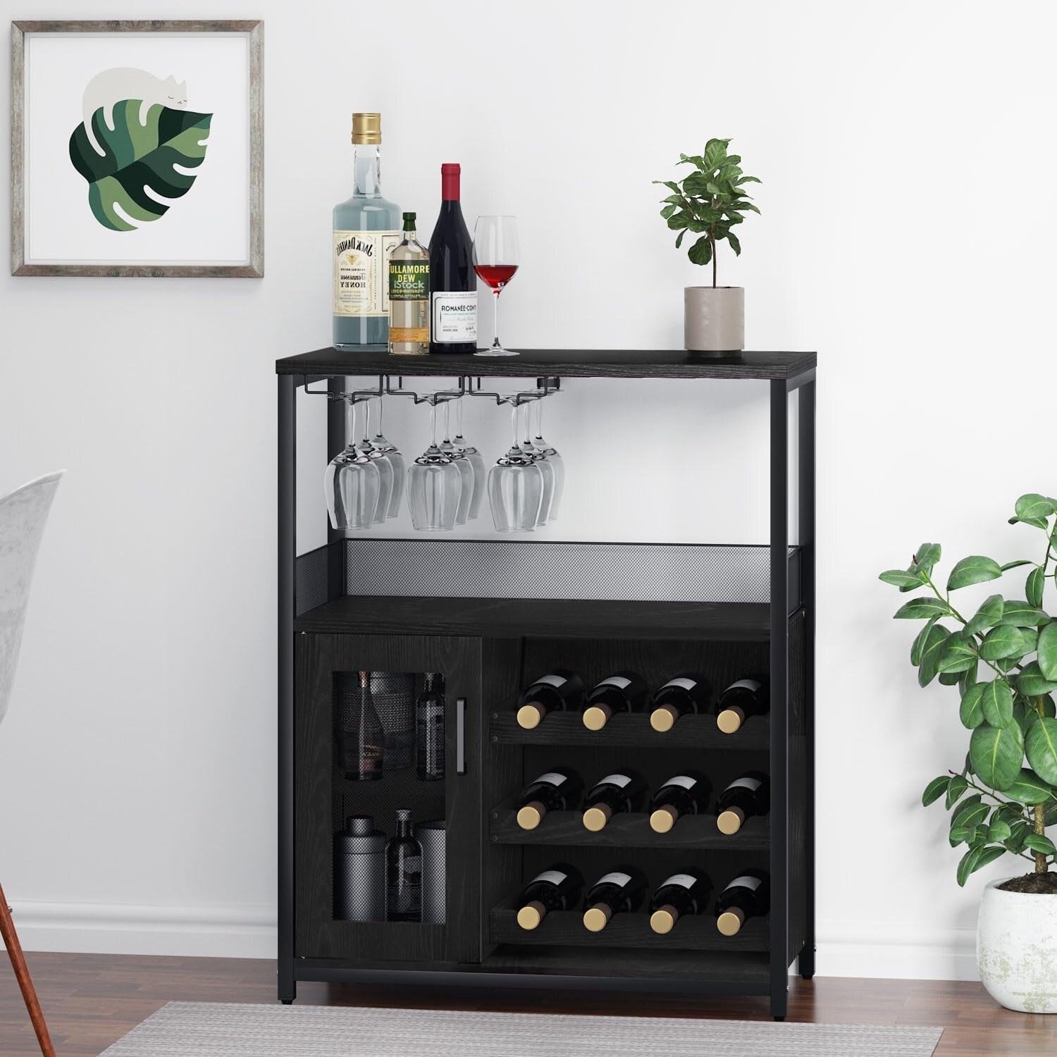 Wine Bar Cabinet with Detachable Rack Small Sideboard and Buffet Mesh Door - 13.8