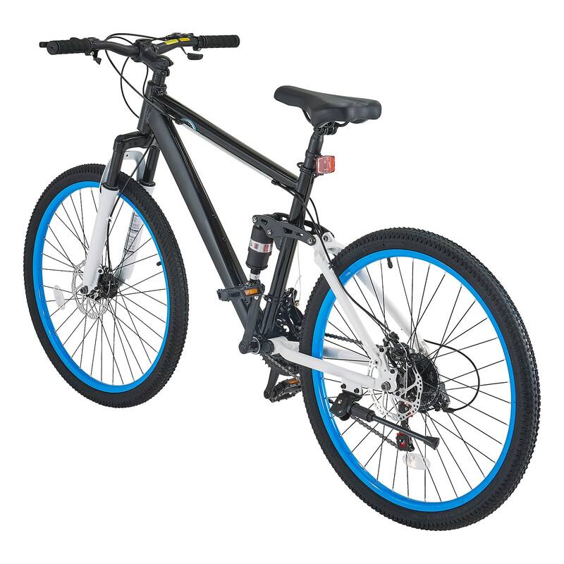 Black-Blue Aluminum Mountain Bike, 21 Speeds and Front Suspension - 67.7” L x 24.8” W x 39” H