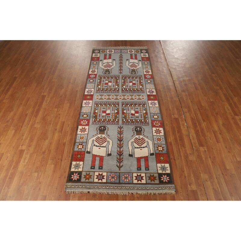 Hand Knotted Oriental 100% Wool Carpet Traditional Tribal Greys & Charcoal Heriz (serapi) Runner Rug - 9' 9'' X 3' 10''