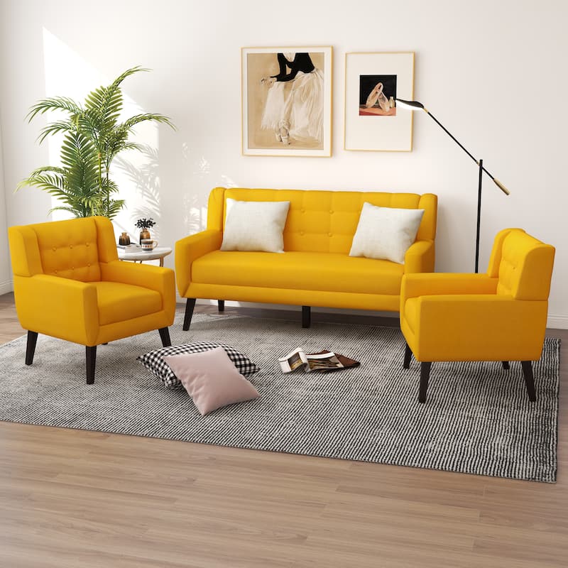 Tufted Linen/Cotton Loveseat with 2 Accent Chairs