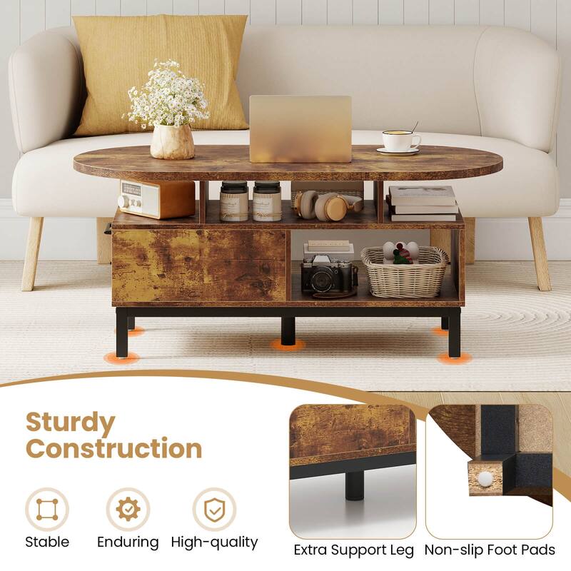 Costway 47” Oval Top Coffee Table with 4 Open Compartments & Drawer, 5 - See Details