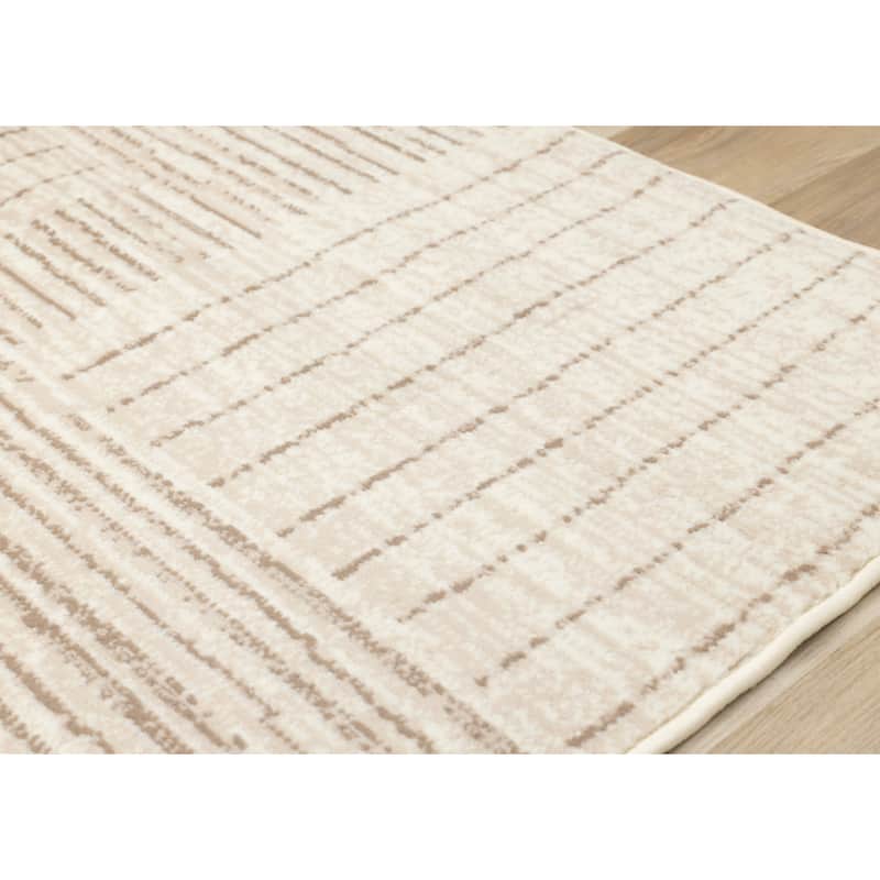 Beige Cream Geometric Stripes High-Traffic Rug