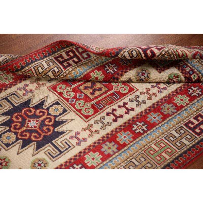 Geometric Beige Kazak Oriental Accent Rug Handmade Wool Carpet - 3'1"x 4'8"