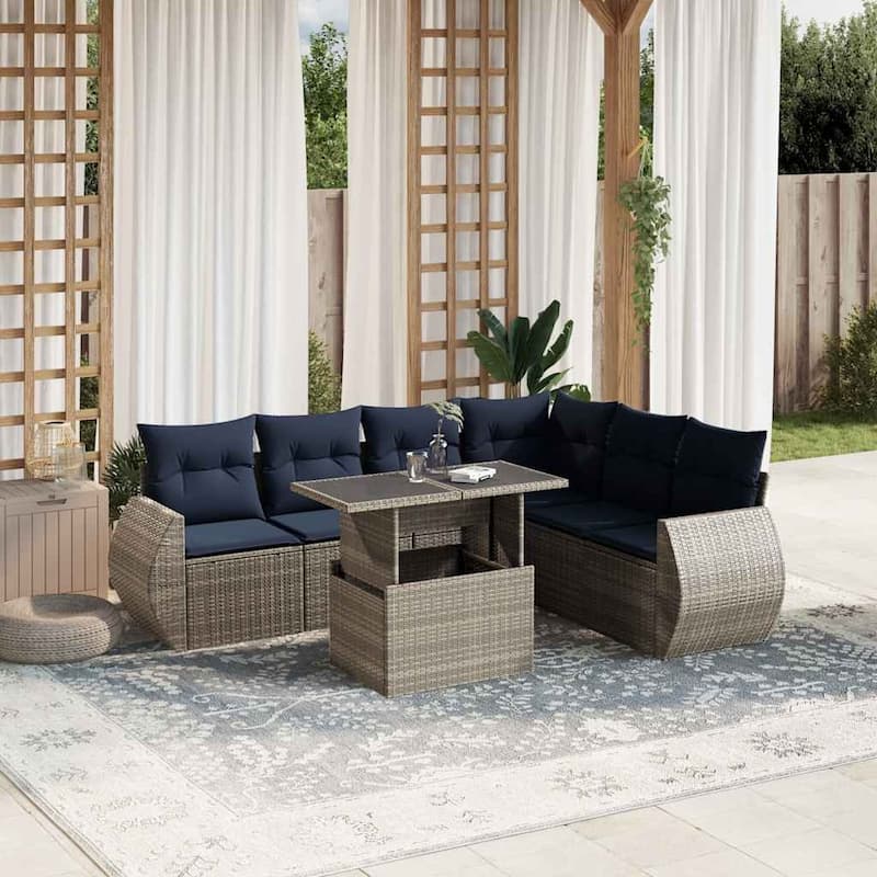 vidaXL 7 Piece Patio Sofa Set with Cushions Black/Brown/Gray Poly Rattan - 24.4 x 24.4 x 27.2