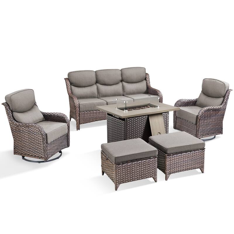 Pocassy 6 Pieces Outdoor 6 Inch Sofa Swivel Chair Ottoman with Fire Table