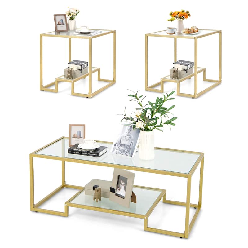 Costway Coffee Table Set of 3 Glass Modern Coffee Table & 2 Accent - See Details - Gold - See Details