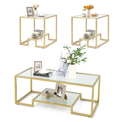 Costway Coffee Table Set of 3 Glass Modern Coffee Table & 2 Accent - See Details