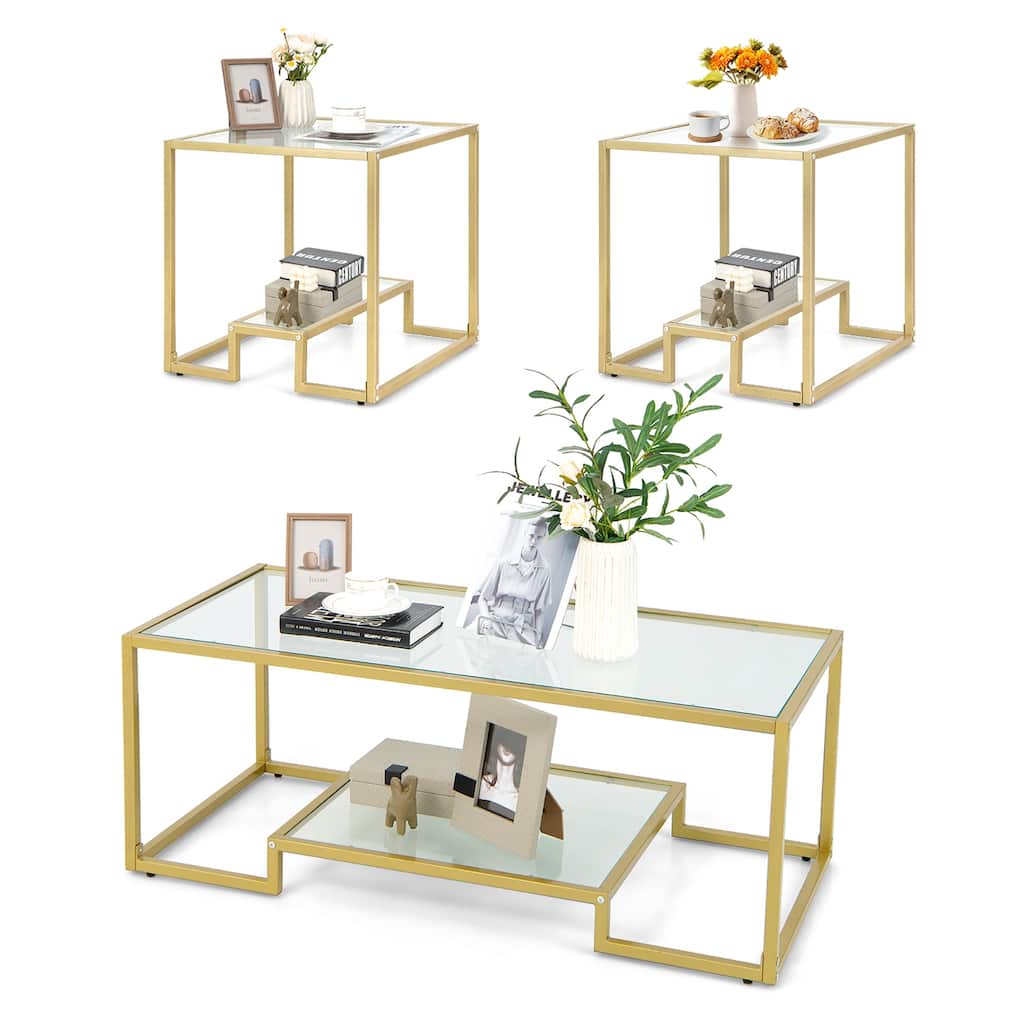 Costway Coffee Table Set of 3 Glass Modern Coffee Table & 2 Accent - See Details