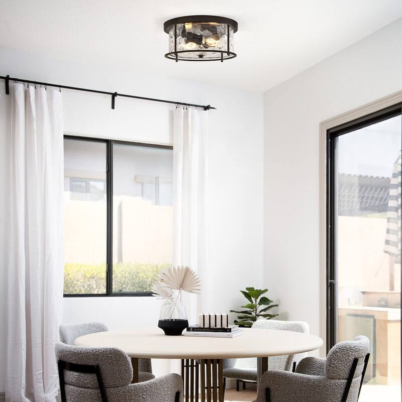 2-Light Flush Mount Water Rippled Glass Ceiling Light with Metal Frame