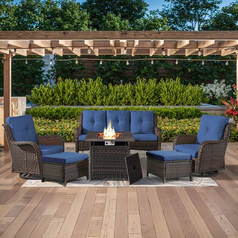 Gymojoy 6-Piece Outdoor Wicker Patio Furniture with Fire Pit Table, Rattan Coversation Set with Water Resistant Thick Cushions - Brown Wicker / Blue Cusion - 6-Piece