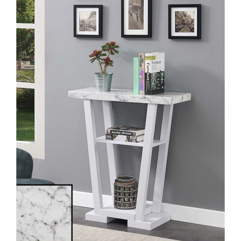 Convenience Concepts Newport V Console with Shelves - Faux White Marble / White