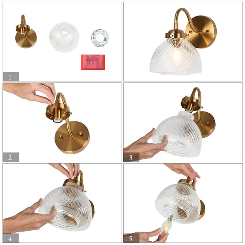 Draki Mid-century Modern Gold Unique Dome Glass Bathroom Light Crooked Vintage Armed Wall Sconce - W 6.7" x H 8.7" x D 10.6"