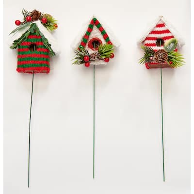 3" Holiday Decorated Birdhouse on 7" Pick, 3 Assorted, Set of 6