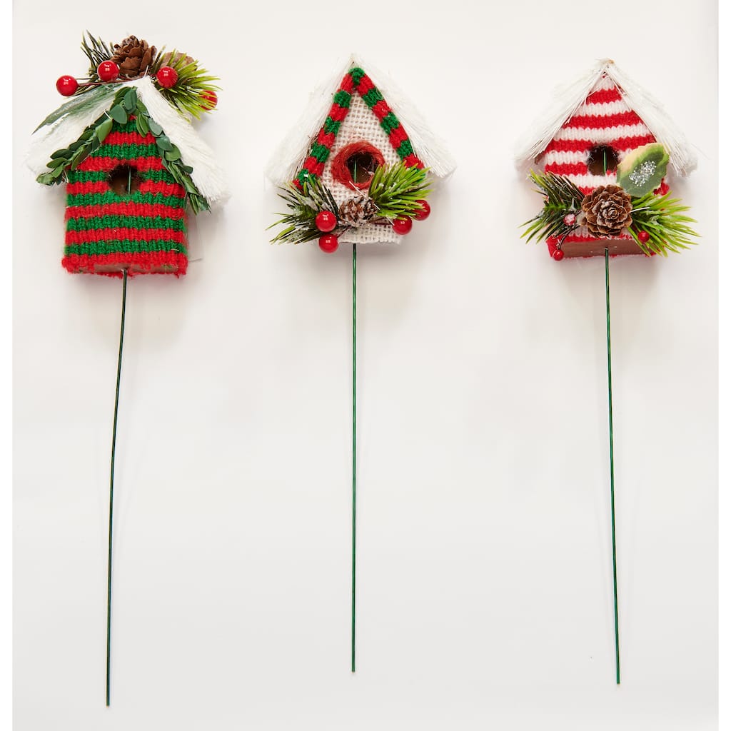 3" Holiday Decorated Birdhouse on 7" Pick, 3 Assorted, Set of 6