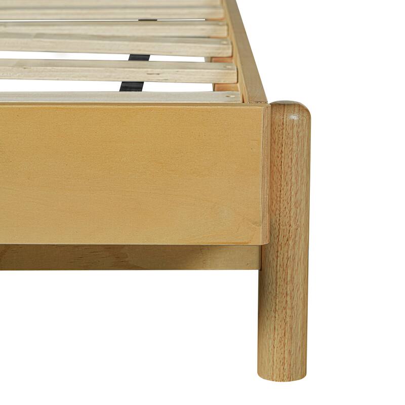 Mid-Century Modern Rubberwood Platform Bed with Faux Leather Upholstered Headboard