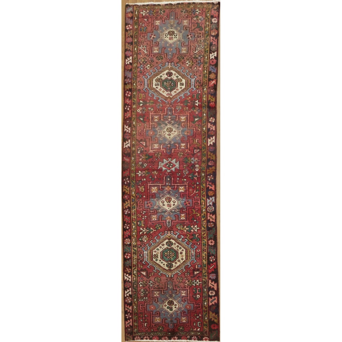 Hand Knotted Oriental 100% Wool Carpet Traditional Tribal Red Gharajeh Runner Rug - 10' 4'' X 3' 0''
