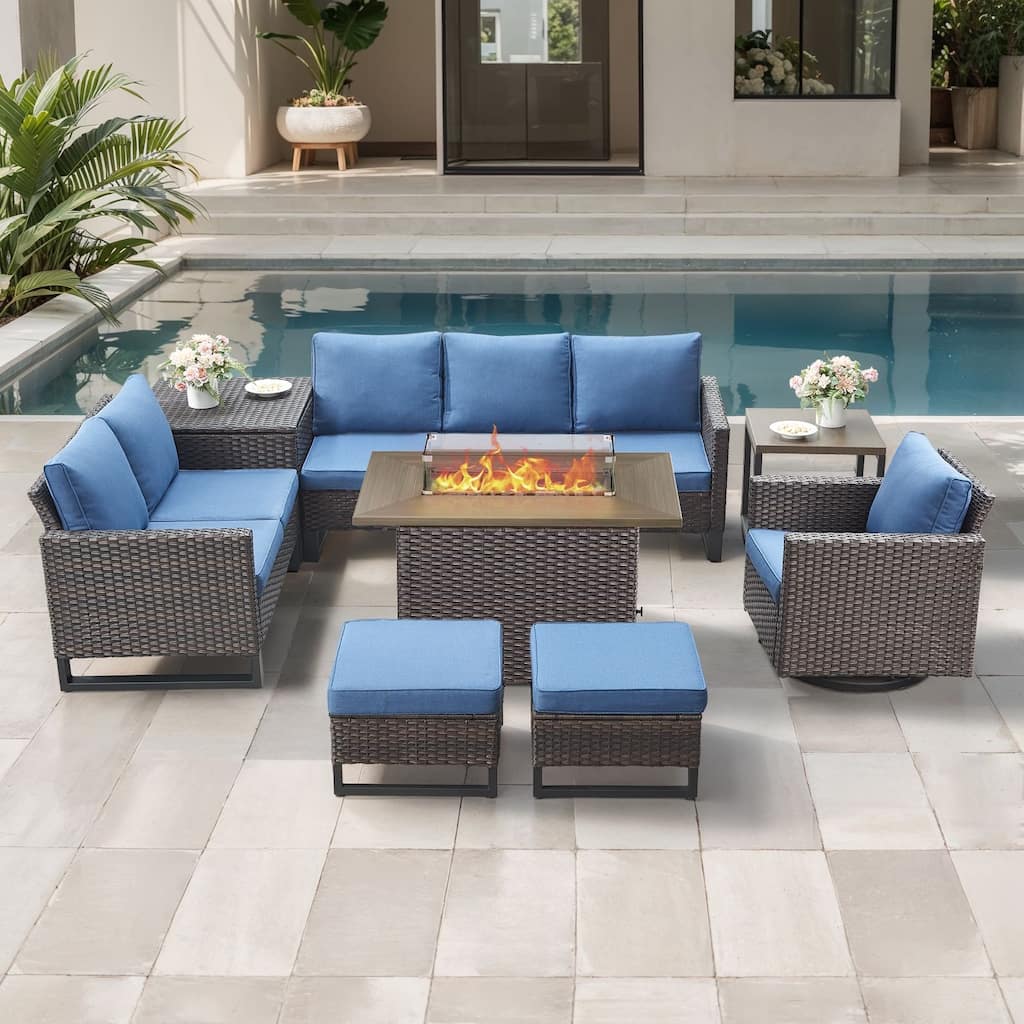 Gymojoy 6-8 Person All-Weather Wicker Outdoor Conversation Set Seating Group With Fire Pit Table