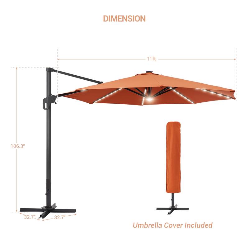 BONOSUKI 11FT LED Cantilever Patio Umbrella Angle Adjustment w/Cross Base