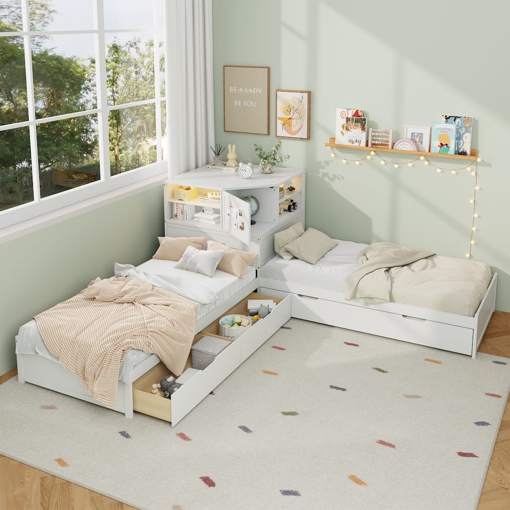 Twin L-Shaped Combination Daybed with Drawers & Trundle, 3-in-1 Low Corner Platform Bed Linked w/Built-in Desk & Led Downlight