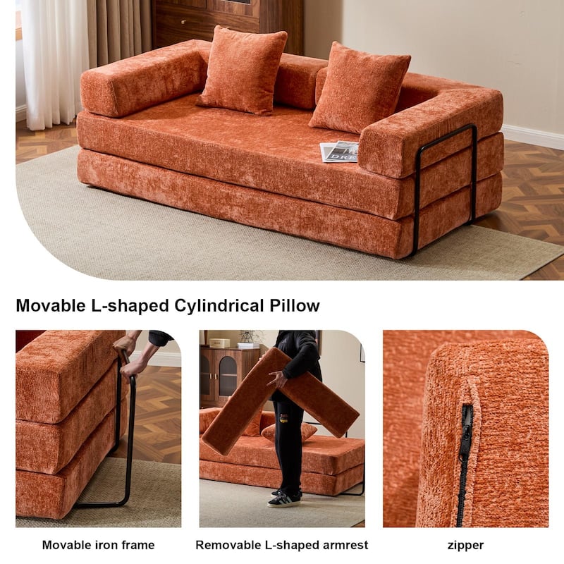 Convertible Flannel Fabric Futon Sofa Sleeper Couch Bed with Sponge Padding for Living Room - 76.77”L x 37.4”W x 23.62”H