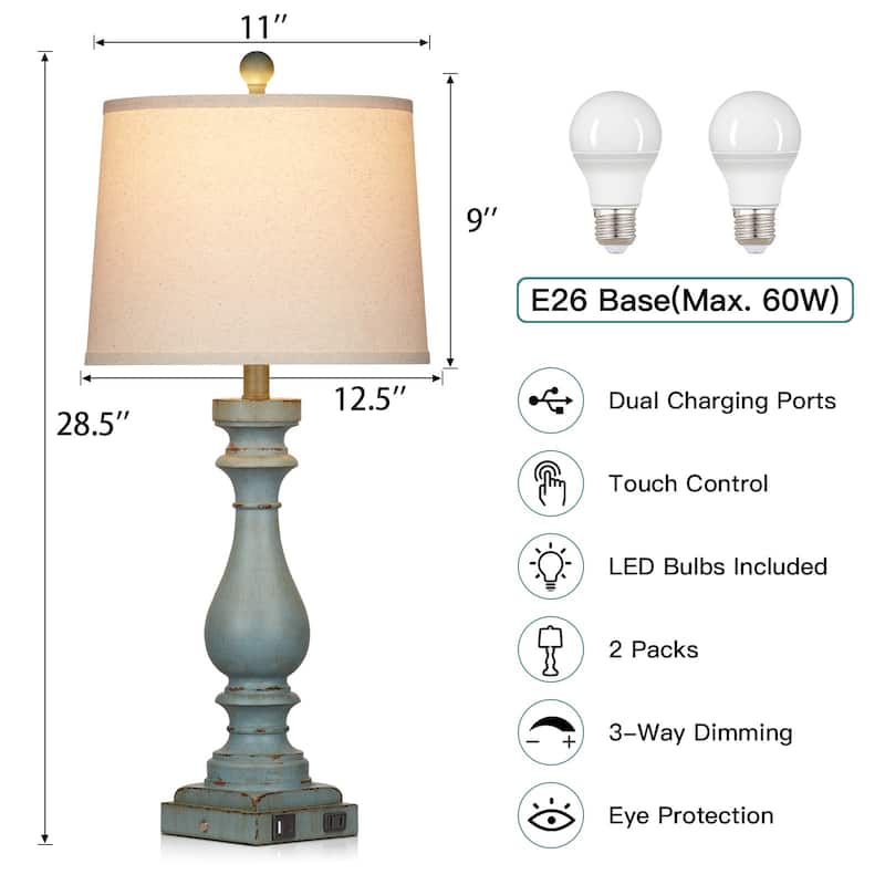 Set of 2 Blue Resin Drop-Style Table Lamps with 3-Way Touch Dimming and Charging Ports