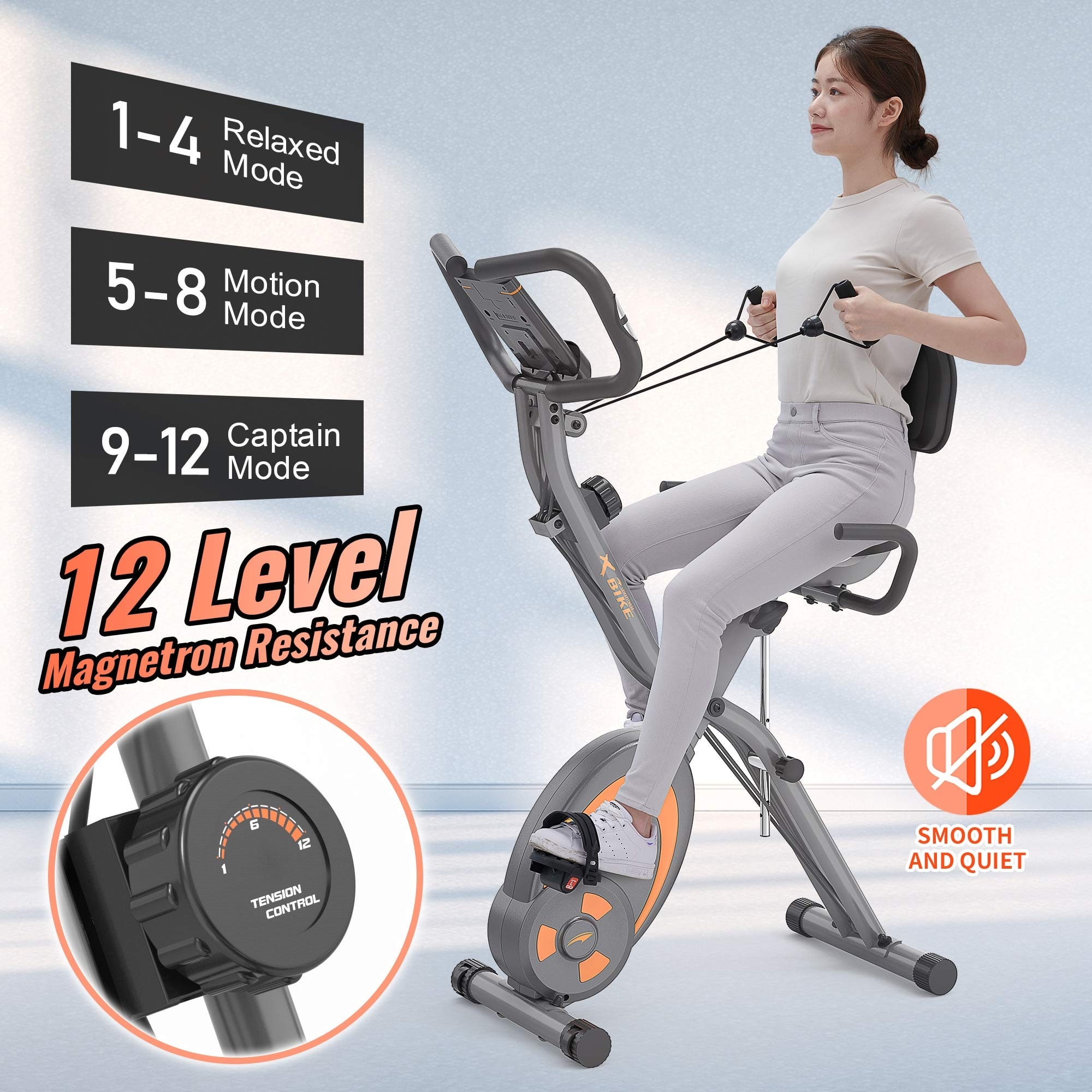 Folding Stationary Bike Recumbent Exercise Bike w/Arm Resistance Bands