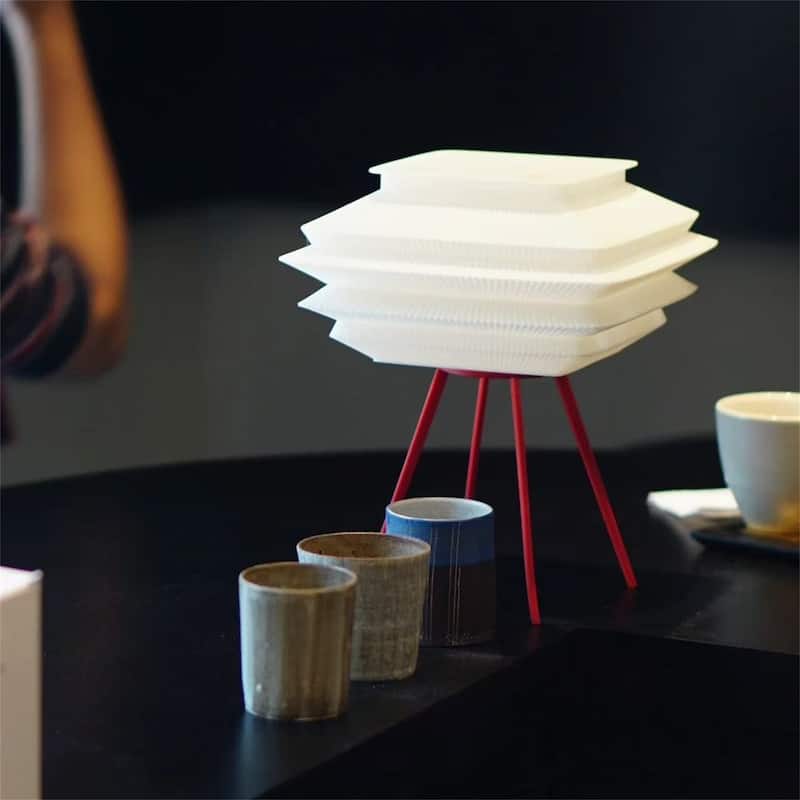 Sleek 3D Printed Table Lamp with Modern Pleated Shade & Red Tripod Base