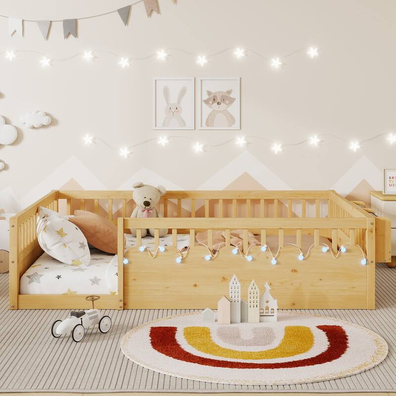 Montessori Floor Bed Frame with High Rails, Wood Toddler Floor Bedframe with Light and Headboard Storage Shelf for Kids Room