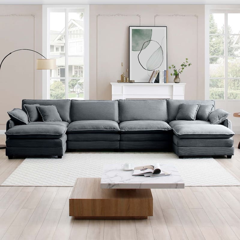 6-piece Oversized Corduroy Upholstered U-Shaped Modular Sectional Sofa with 2 Removable Ottoman and Free Combination