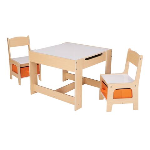 Kids Wooden Storage Table and Chairs Set, Natural Color, Melamine, 3 Piece