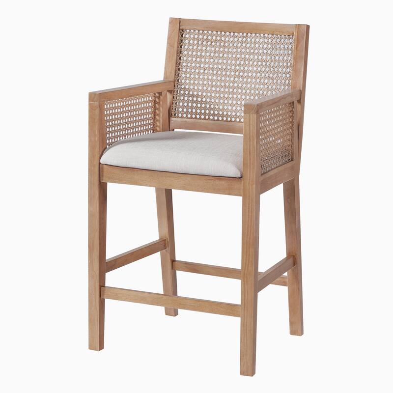 Christopher Knight Home - French Country Wood & Rattan Counter Stools with Upholstered Seat and Arms - Set of 2