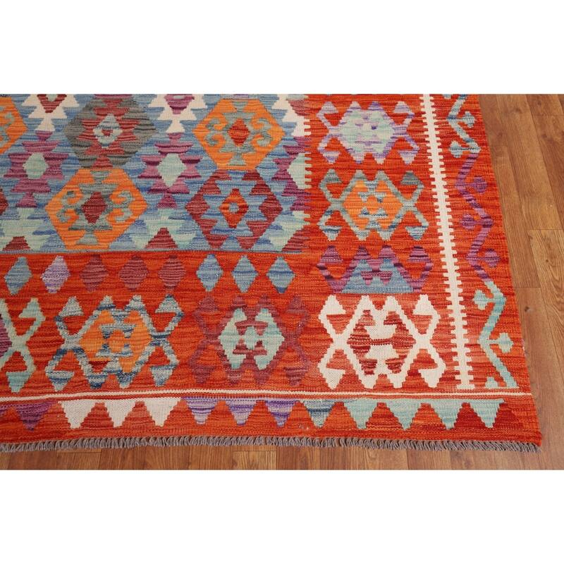 Hand Woven Oriental 100% Wool Carpet Southwestern All-Over Navy Blue & Blues Kilim Area Rug - 11' 10'' X 8' 5''