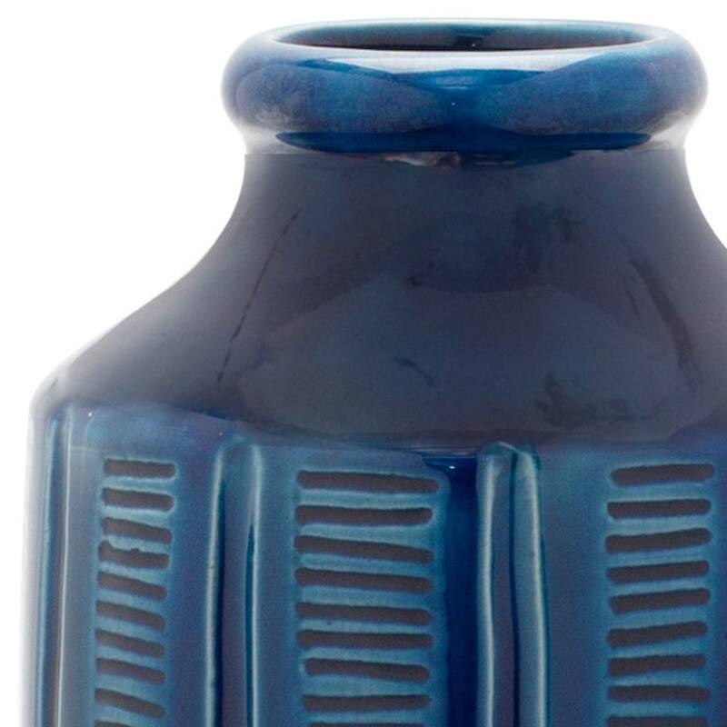 11 Inch Blue Ribbed Round Terracotta Vase for Table Decor