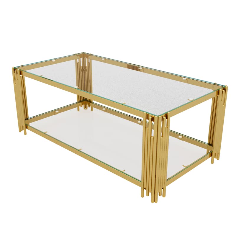 Rectangular Gold & Glass Coffee Table with 2-Tier Shelf by Harper&Bright Designs