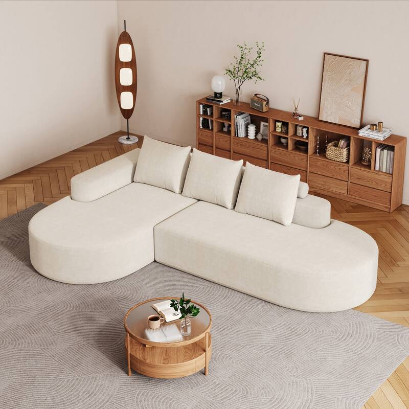 L Shaped Modular Curved Sectional Sofa, Chenille Upholstered 3 Seat Sofa, Corner Sofa with 3 Pillows for Living Room, Bedroom