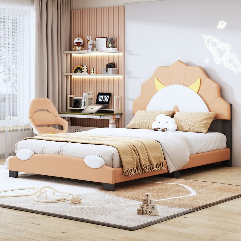 Twin Size Upholstered Leather Platform Bed with Lion-Shaped Headboard ...