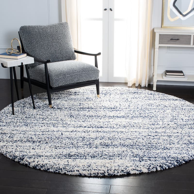 SAFAVIEH Hudson Shag Justine Modern 2-inch Thick Rug - 7' Round - Ivory/Navy - Round