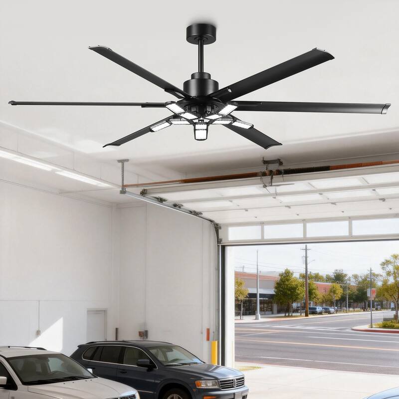 72" Modern Matte Black Garage Large Ceiling Fan with Foldable LED Light and Remote