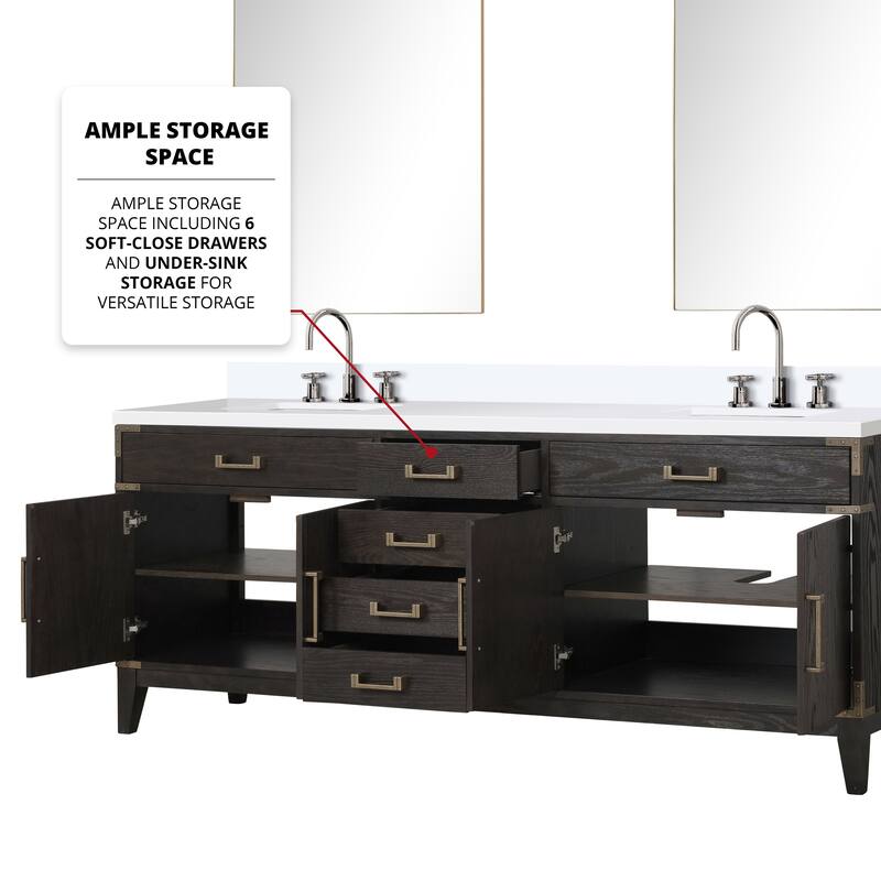 Laurel 60 in W x 22 in D Black Oak Double Bath Vanity, White Quartz Top, Faucet Set, and 28 in Mirrors