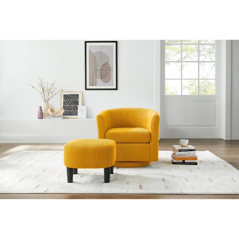 Yellow Modern 26.38" Upholstered 360째 Swivel Arm Chair with Ottoman, Rubber Wood Frame