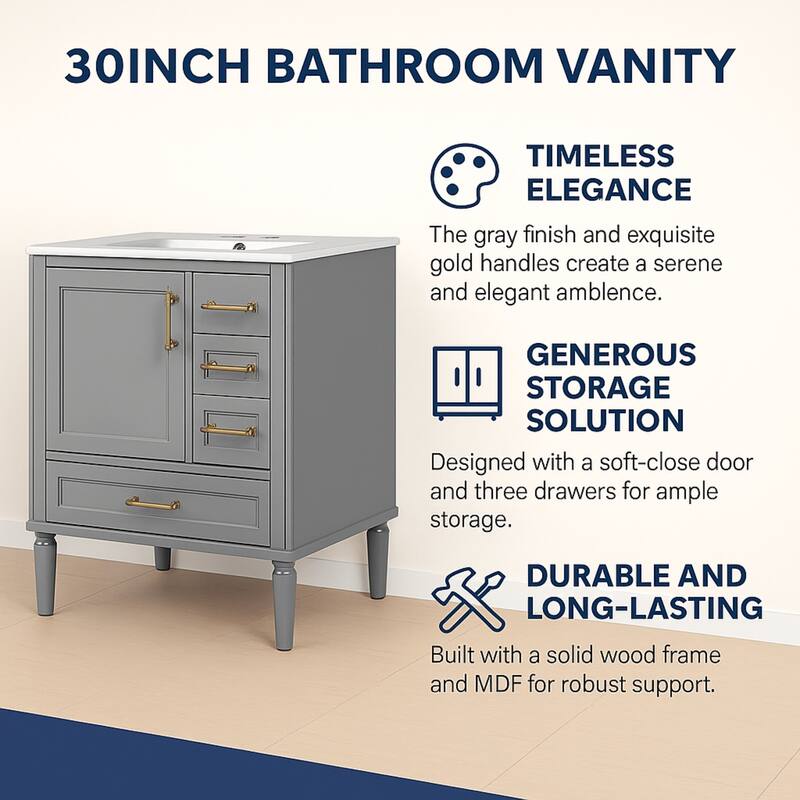 30" Ceramic Sink Bathroom Vanity with Gold Handles, Soft-Close Storage & Space-Saving Design