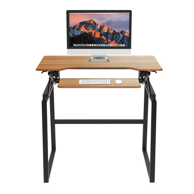 Rocelco 40 in.W Beige Height Adjustable Standing Desk Dual Monitor Riser Gas Spring Assist Computer Workstation Keyboard Tray