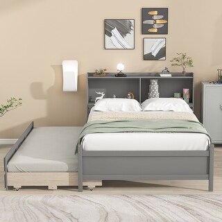 Full Bed with Twin Trundle, Drawers & Headboard Bookcase - Compact Design