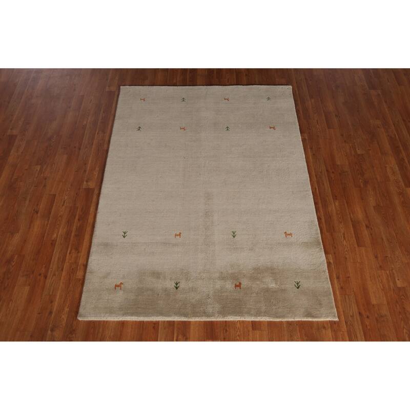 Beige Tribal Gabbeh Indian Rug Hand-Knotted Oriental Wool Carpet - 4'7" x 6'4"