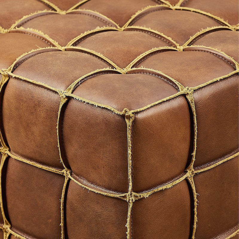 Art Leon Top Grain Leather Square Pouf Ottoman