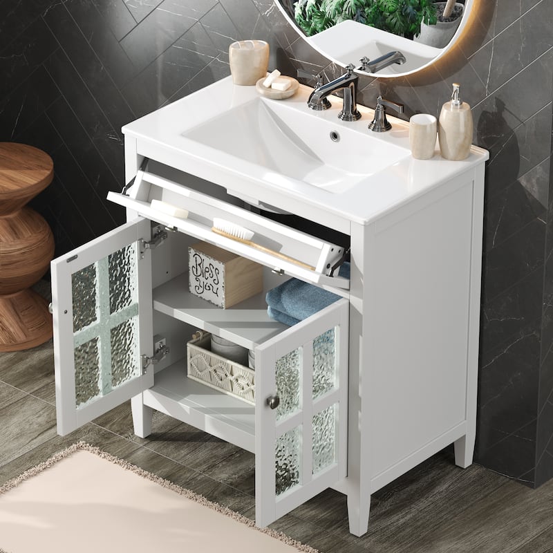 30" Modern Bathroom Vanity Set with Ceramic Sink - Adjustable Shelf & Tip-Out Tray, Soft-Close Hinges, Silver Knobs - White