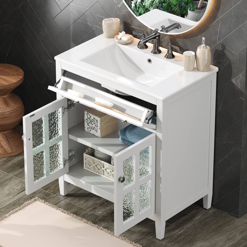 30" Storage Cabinet with Glass Doors, Bathroom Vanity with Ceramic Sink, Adjustable Shelf, Tip-Out Tray and Silver Metal Knobs
