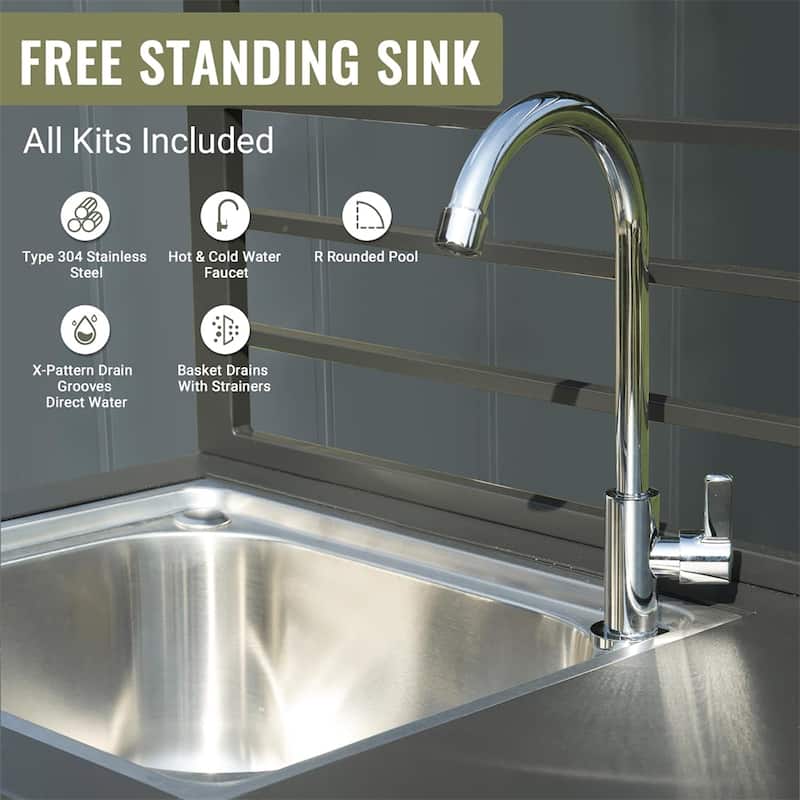 Outdoor Kitchen Island with Stainless Steel Sink and Faucet,Drainboard